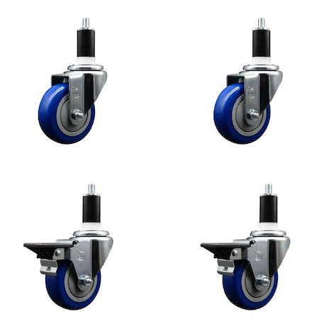 Service Caster 3.5'' Blue Poly Wheel Swivel 1-3/8'' Expanding Stem Caster Set 2 Brakes, 4PK SCC-EX20S3514-PPUB-BLUE-2-PLB-2-138